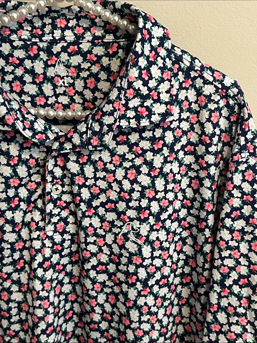 Rhoback Men's XL The Azalea Performance Golf Polo Navy Pink Floral Masters